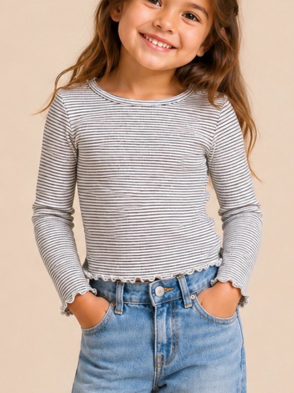 NWT Cat & Jack Black and White Striped Long Sleeve Ruffle Hem Top